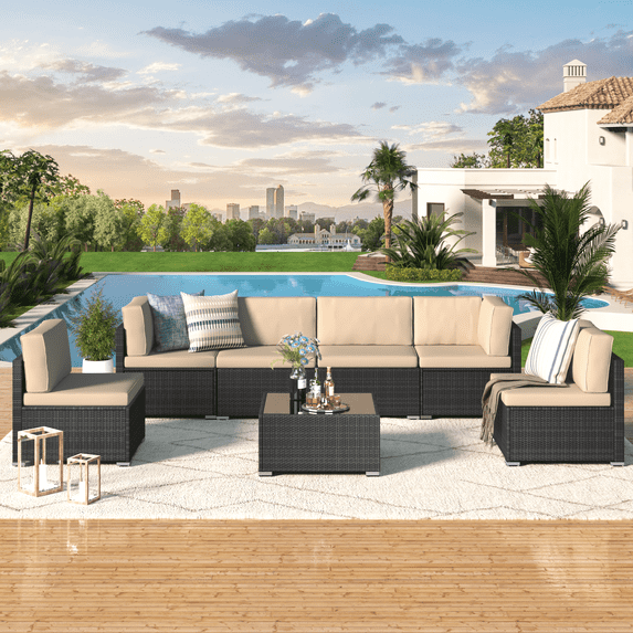YODOLLA 7-Piece Patio Furniture Set on Sale, Black Rattan Wicker Outdoor Sectional Sofa Couch with Table Patio Conversation Set for Lawn& Backyard In Beige