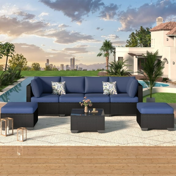 YODOLLA 7-Piece Patio Furniture Set on Sale, Black Rattan Wicker Outdoor Sectional Sofa Couch with Table Patio Conversation Set for Lawn& Backyard In Light Blue