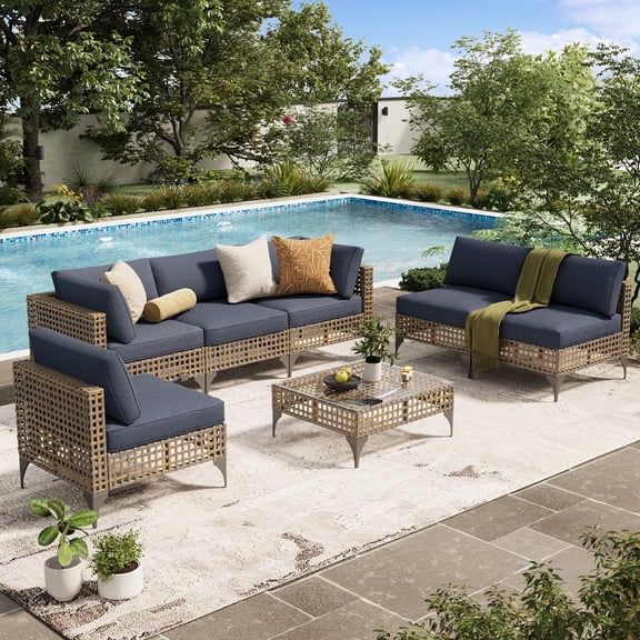 YODOLLA 7-Piece Patio Furniture Set with Tea Table, Rattan Wicker Outdoor Sectional Furniture Sofa Conversation Set, Dark Brown Rattan&Dark Grey Cushions