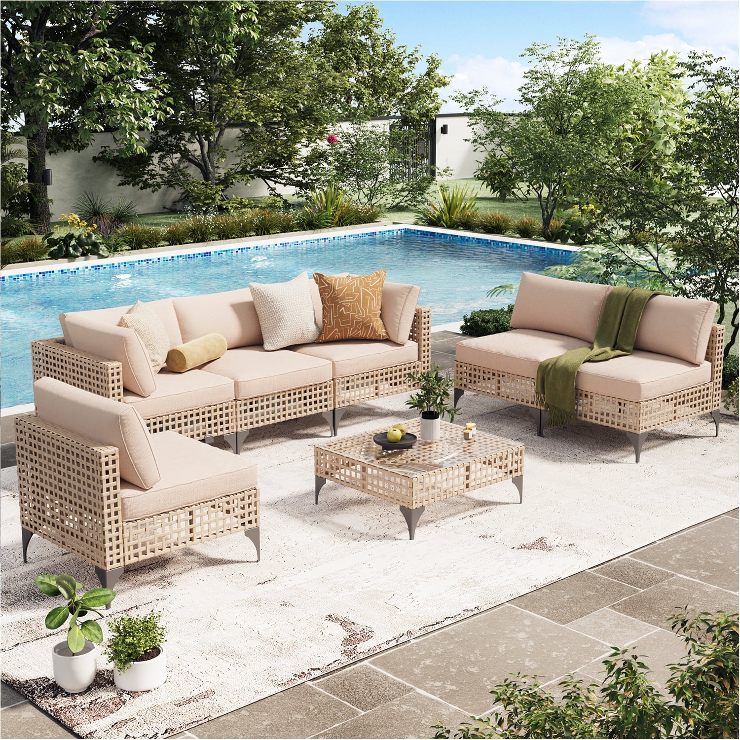 YODOLLA, 7-Piece Patio Furniture Set, RRK150, Grey Rattan