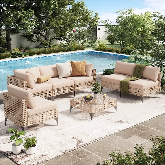 YODOLLA 7-Piece Patio Furniture Set with Tea Table, Rattan Wicker Outdoor Sectional Furniture Sofa Conversation Set, Brown Rattan& Beige Cushions