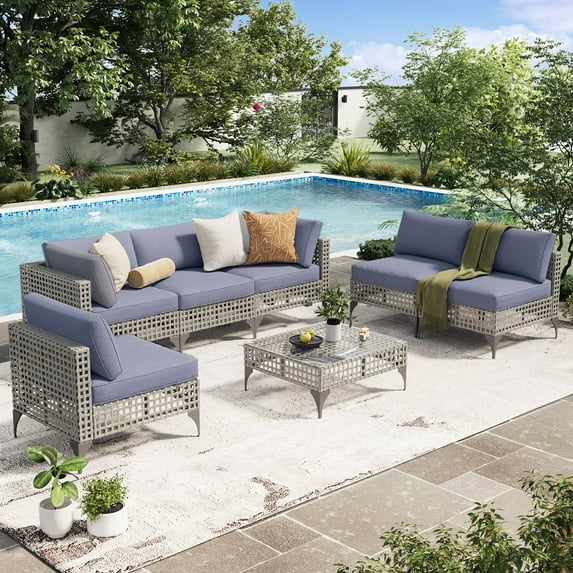 YODOLLA 7-Piece Patio Furniture Set with Tea Table, Rattan Wicker Outdoor Sectional Furniture Sofa Conversation Set, Grey Rattan&Blue Cushions