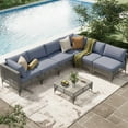 thumbnail image 1 of YODOLLA 7-Piece Patio Furniture Set with Tea Table, Rattan Wicker Outdoor Sectional Furniture Sofa Conversation Set, Grey Rattan&Blue Cushions, 1 of 7
