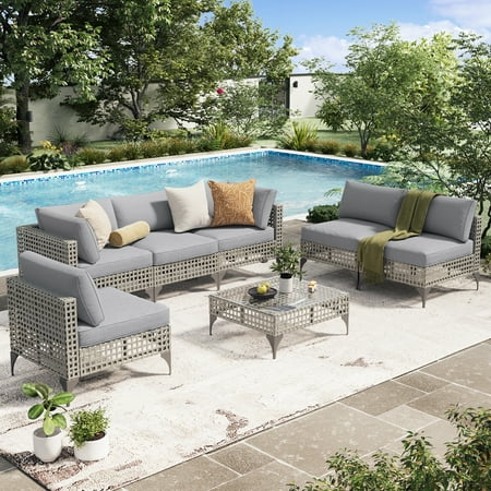 YODOLLA 7-Piece Patio Furniture Set with Tea Table, Rattan Wicker Outdoor Sectional Furniture Sofa Conversation Set, Grey Rattan&Light Grey Cushions
