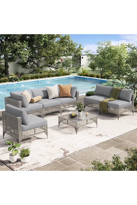 7-Piece Patio Furniture Set with Tea Table, Rattan Wicker Outdoor Sectional Furniture Sofa Conversation Set, Grey Rattan&Light Grey Cushions
