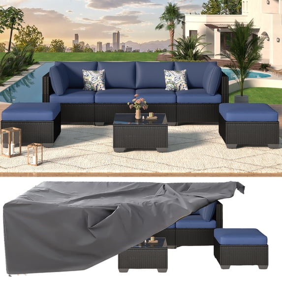 YODOLLA 7-Piece Patio Furniture w/ Protection Cover, Outdoor Sectional Sofa Couch w/ Coffee Table, Patio Conversation Set in Black Wicker& Beige Cushions