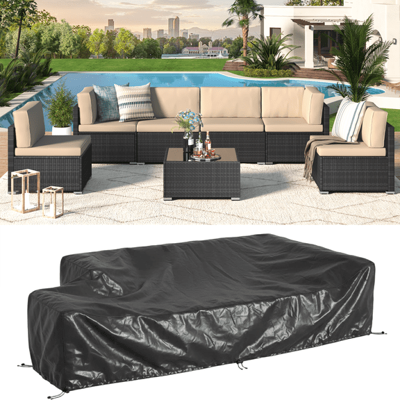 YODOLLA 7-Piece Patio Furniture w/ Protection Cover, Outdoor Sectional Sofa Couch w/ Coffee Table, Patio Conversation Set in Black Wicker& Beige Cushions