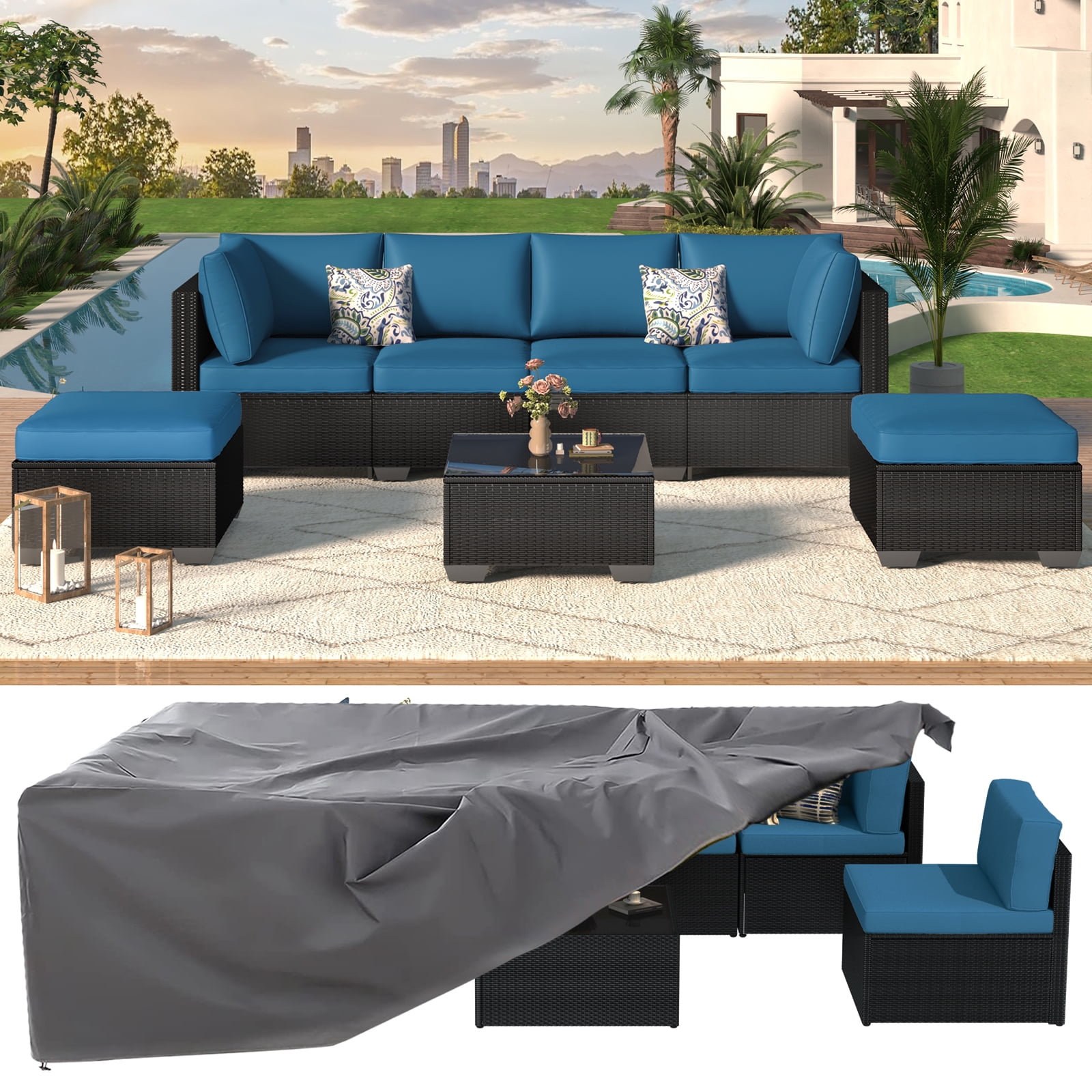 YODOLLA 7-Piece Patio Furniture w/ Protection Cover, Outdoor Sectional Sofa Couch w/ Coffee Table, Patio Conversation Set in Black Wicker& Blue Cushions