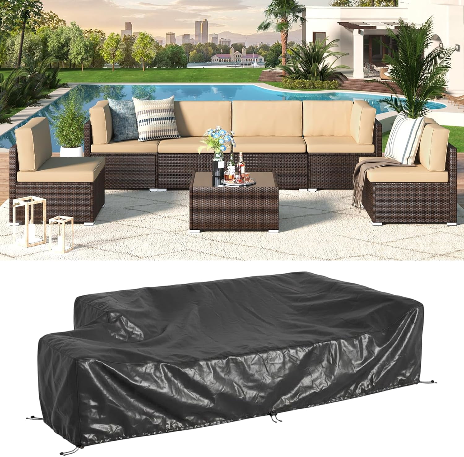 YODOLLA 7-Piece Patio Furniture w/ Protection Cover, Outdoor Sectional Sofa Couch w/ Coffee Table, Patio Conversation Set in Brown Wicker& Beige Cushions