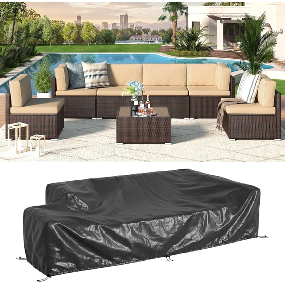 YODOLLA 7-Piece Patio Furniture w/ Protection Cover, Outdoor Sectional Sofa Couch w/ Coffee Table, Patio Conversation Set in Brown Wicker& Beige Cushions
