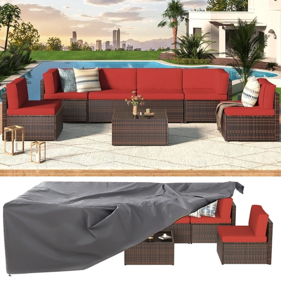 YODOLLA 7-Piece Patio Furniture w/ Protection Cover, Outdoor Sectional Sofa Couch w/ Coffee Table, Patio Conversation Set in Brown Wicker& Red Cushions