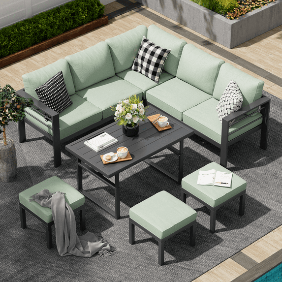 YODOLLA 7 Pieces Aluminum Patio Furniture Sets on sale with Adjustable Coffee Table Mint Green Cushions