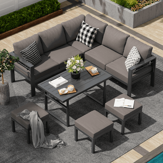 YODOLLA 7 Pieces Aluminum Patio Furniture Sets on sale with Adjustable Coffee Table with Dark Gray Cushions