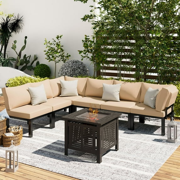 YODOLLA 7 Pieces Outdoor Metal Furniture Sets Patio Conversation Set with Coffee Table and 30" Fire Pit Table, Beige