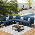 thumbnail image 1 of YODOLLA 7 Pieces Outdoor Patio furniture Set Clearance Metal Patio Sectional Sofa Set on sale with Navy Blue Cushions, 1 of 10