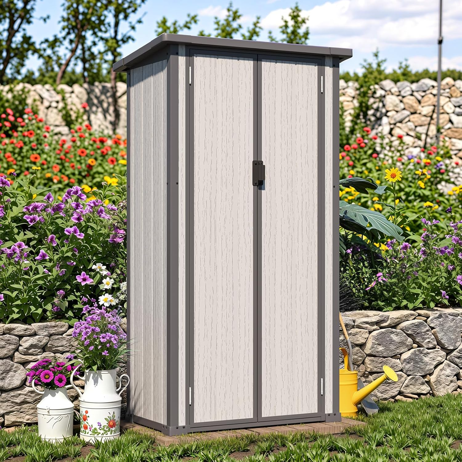 YODOLLA 70.5'' Outdoor Resin Storage Shed Plastic Storage Cabinet with Sloped Roof and 3 Adjustable Shelves