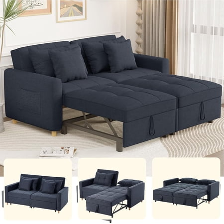 YODOLLA 3-in-1 Futon Pull Out Couch & 71" Sleeper Sofa Bed for Living Room & Bedroom, Convertible Loveseat in Navy Blue