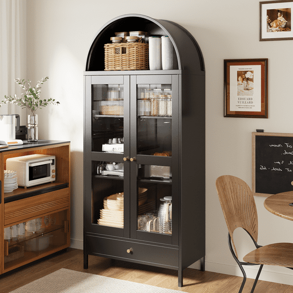 YODOLLA 73" Arched Cabinet Metal Storage Display Cabinet, Pantry Cabinet, Black