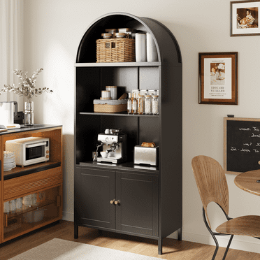 YODOLLA 73" Metal Arched Cabinet,Storage Display Arched bookcase with Open & Adjustable Shelves,Pantry,Curio Cabinet, Black