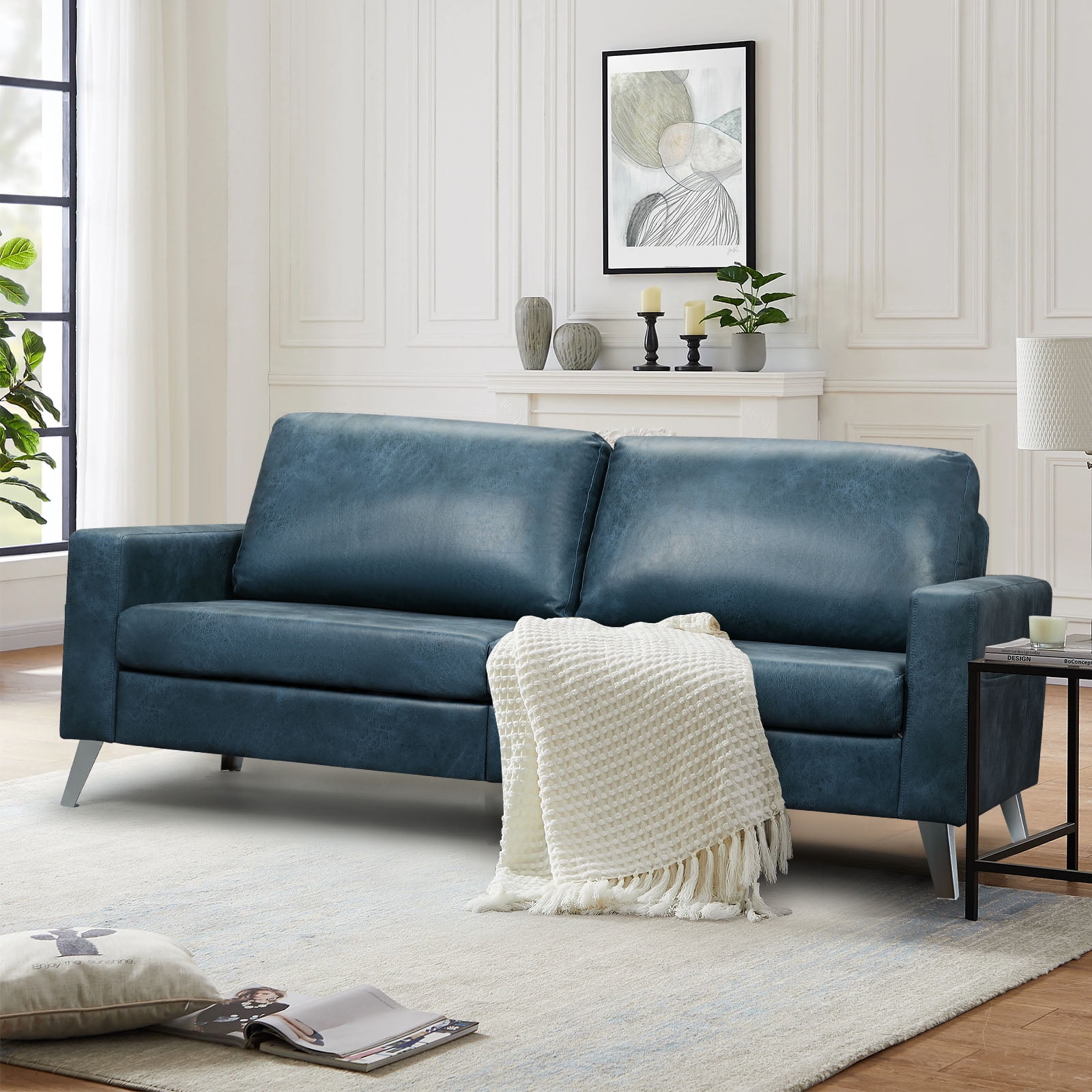 YODOLLA 79 Extra Deep Set Sectional Sofa Modern 3 Seater Loveseat Couch Faux Leather Living Room Furniture Blue Walmart