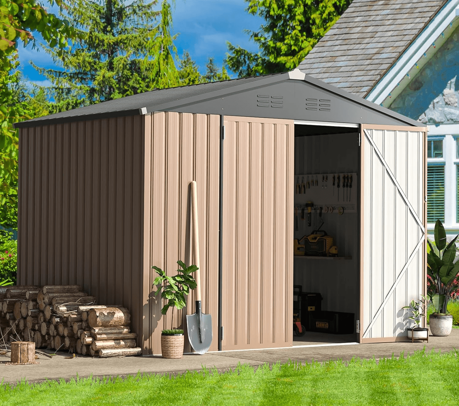 YODOLLA Long Sized 8.4x6.3 ft Outdoor Metal Storage Shed, Steel