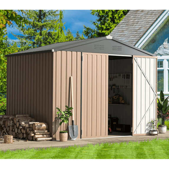 YODOLLA 8 x 6 ft. Outdoor Metal Storage Shed with Lockable Door for Garden Tools in Brown