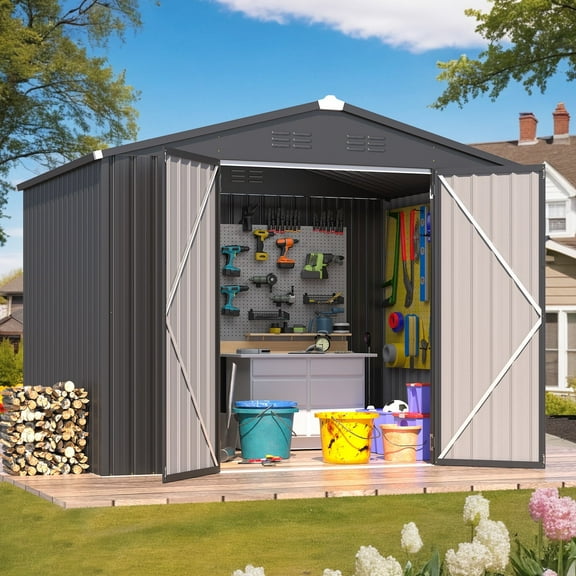 YODOLLA 8 x 6 ft. Outdoor Metal Storage Shed with Sliding Roof & Lockable Door Dark Gray