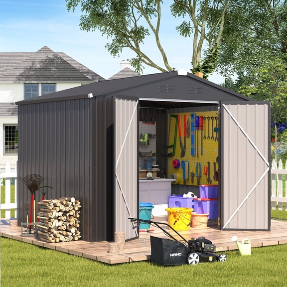 YODOLLA 8 x 6 ft. Outdoor Metal Storage Shed with Sliding Roof & Lockable Door in Dark Gray