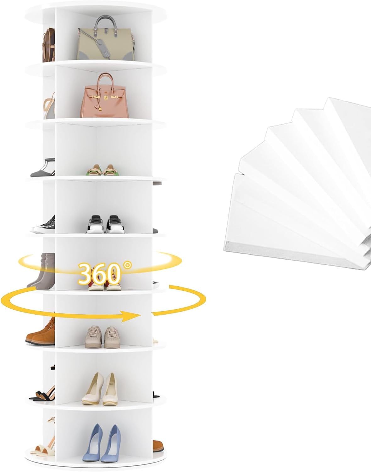 YODOLLA 8 Tier Rotating Shoe Rack, 360° Spinning Shoe Display Lazy Susan in White (23.6’’×23.6’’×71.6’’)