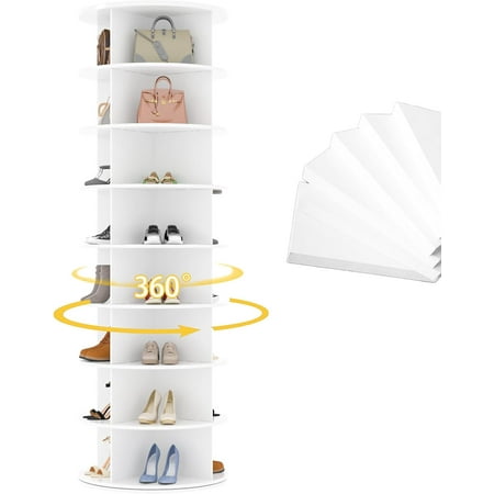 YODOLLA 8 Tier Rotating Shoe Rack, 360° Spinning Shoe Display Lazy Susan in White (23.6’’×23.6’’×71.6’’)