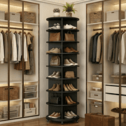 YODOLLA 8-Tier Rotating Shoe Rack with 360° Spinning, Lockable Casters, 23.6x23.6x74 Inch, Black for Closet