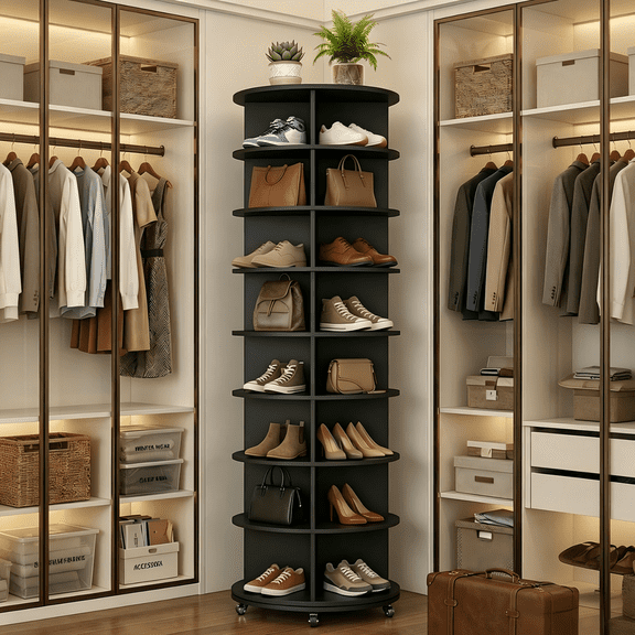 YODOLLA 8 Tier Rotating Shoe Rack with 4 Universal Casters, 360° Spinning Shoe Display Lazy Susan (Black, 23.6’’×23.6’’×74’’)