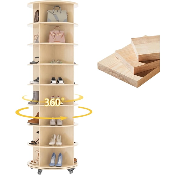 YODOLLA 8 Tier Rotating Shoe Rack with 4 Universal Casters, 360° Spinning Shoe Display Lazy Susan in Natural (23.6’’×23.6’’×74’’)