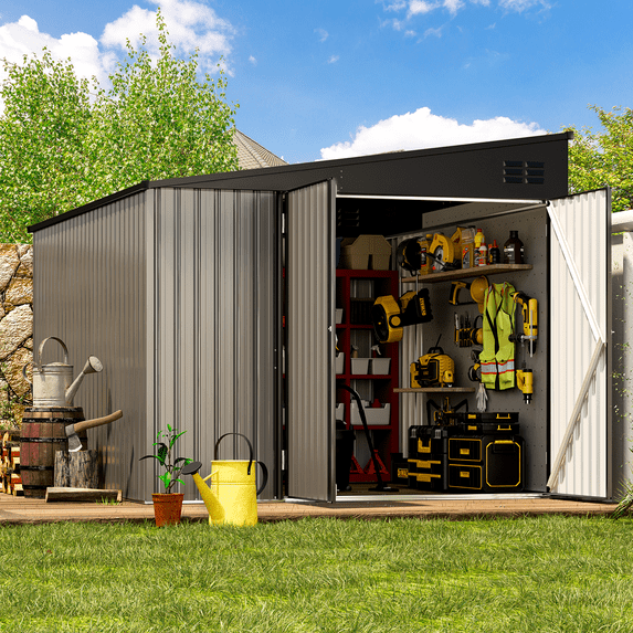 YODOLLA 8' x 10' Outdoor Metal Storage Side Shed with Lockable Door Metal Attached Lean-To Shed for Backyard in Grey