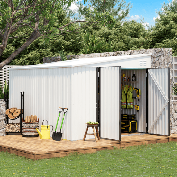 YODOLLA 8' x 10' Outdoor Metal Storage Side Shed with Lockable Door Metal Attached Lean-To Shed for Backyard in White