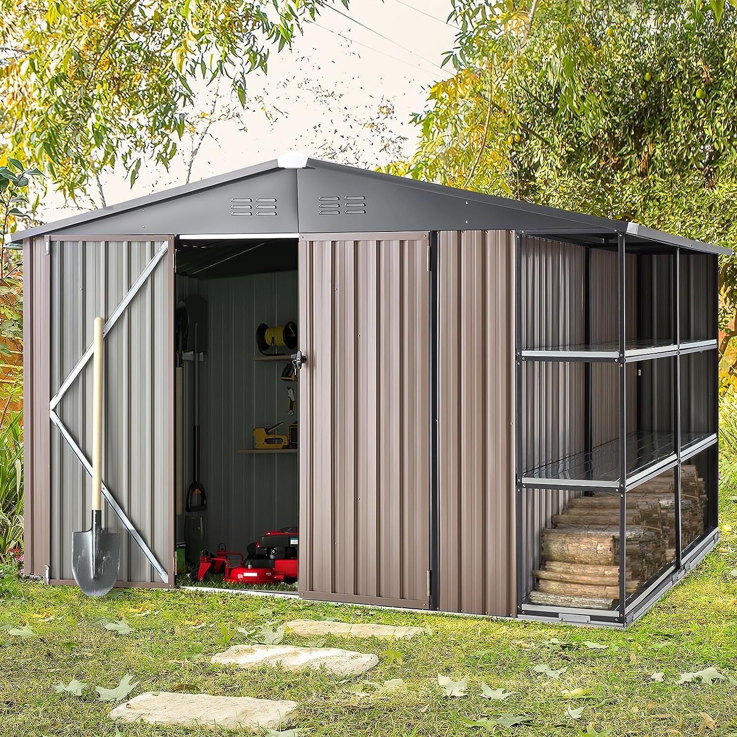 8' x 10' Brown Galvanized Steel Double Door Storage Shed