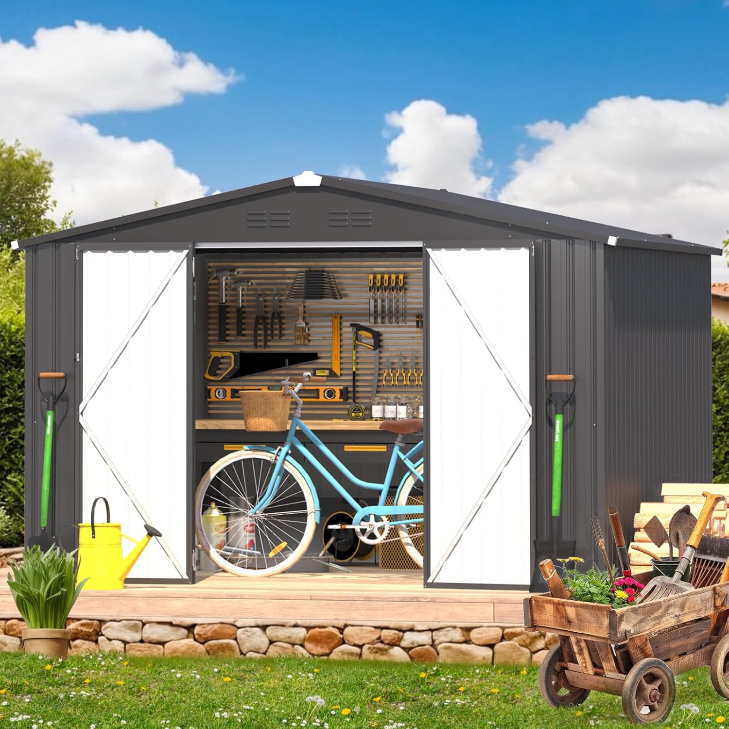 YODOLLA 8 x 10 ft. Outdoor Metal Storage Shed with Sliding Roof & Lockable Door in Dark Grey for Garden, Patio& Backyard