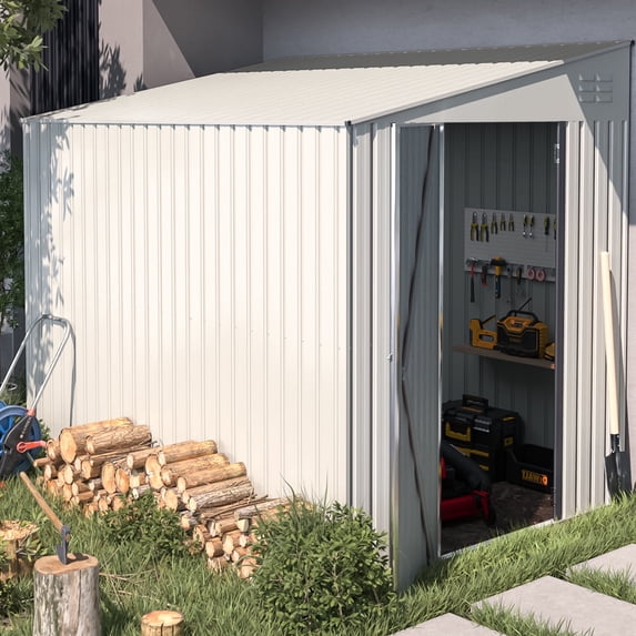 YODOLLA 8' x 6' Outdoor Storage Side Shed Metal Attached Lean-To Shed with Lockable Door for Backyard in White