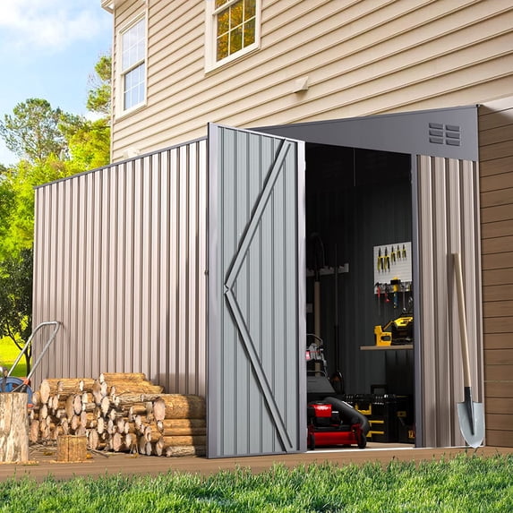 YODOLLA 8' x 6' Outdoor Storage Side Shed Metal Attached Lean-to Shed Galvanized Storage Building for Backyard in Brown