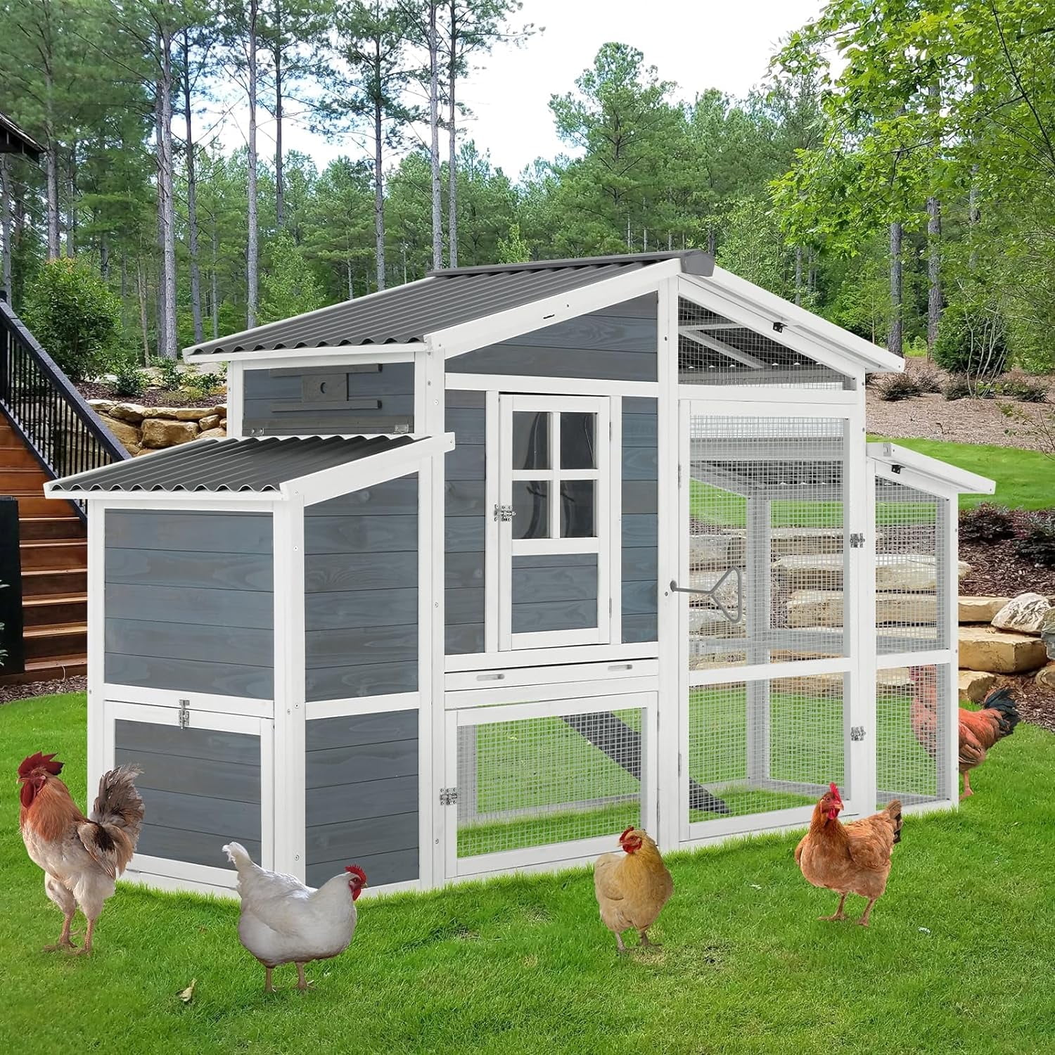 Large Gray and White Wooden Chicken Coop with Run
