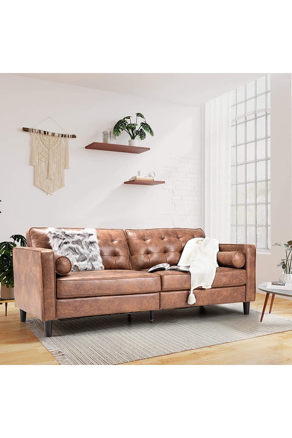 84.2" Mid-Century Sofa Couch,Tufted Modern Couch-Saddle Brown