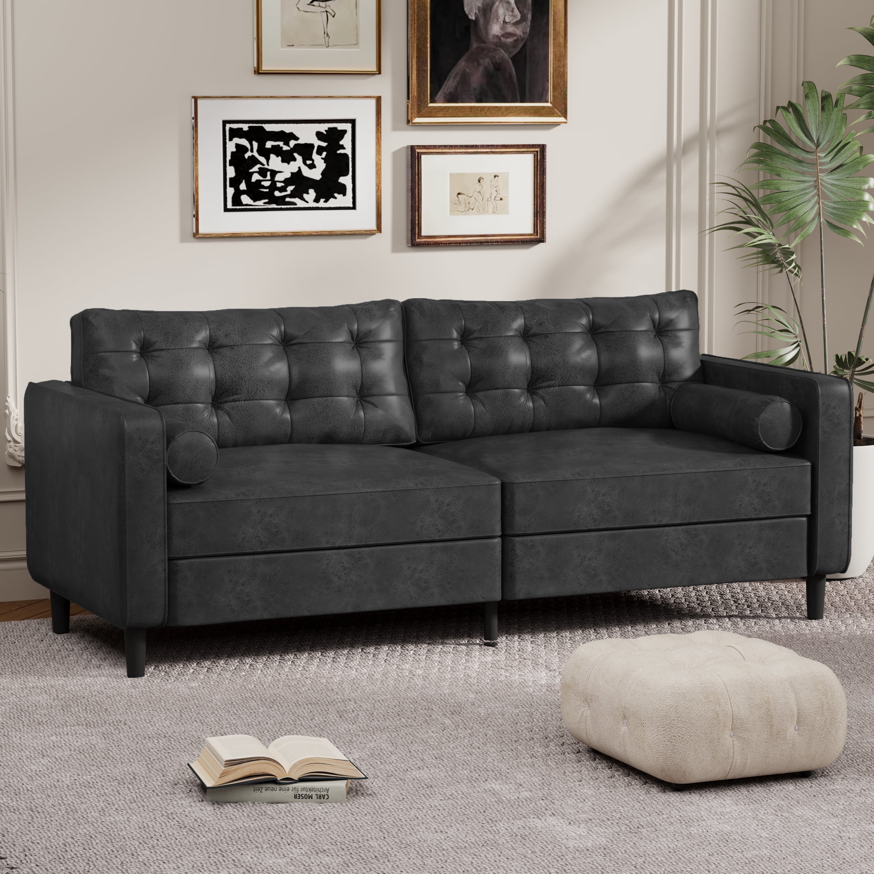 YODOLLA 84.2” Modern Sofas and Couches with 2 Bolster Pillows Mid Century Modern Sofa for The Living Room-Black
