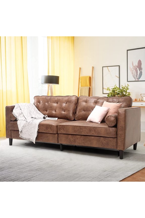 84.2” Tufted Leather Sofa Couch Mid-Century Modern Couches for Living Room,Apartment,Office (Brown)