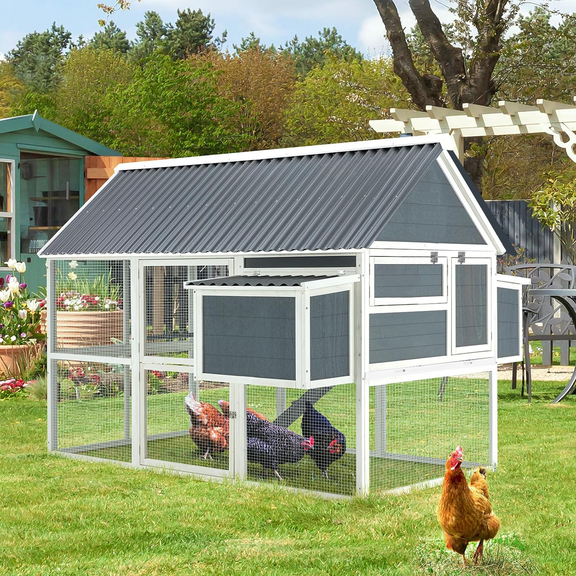 YODOLLA 84" Wooden Outdoor Chicken Coop, Large Hen House with Run for 10 Chickens, Walk-in Poultry Cage, Grey