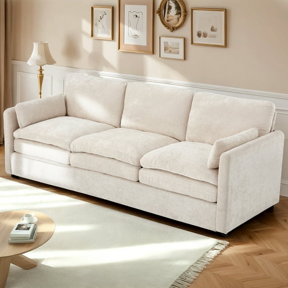 YODOLLA 89" Sofa Couch for Living Room 3 Seats Chenille Futon Sofa with 2 Removable Pillows, Cream White