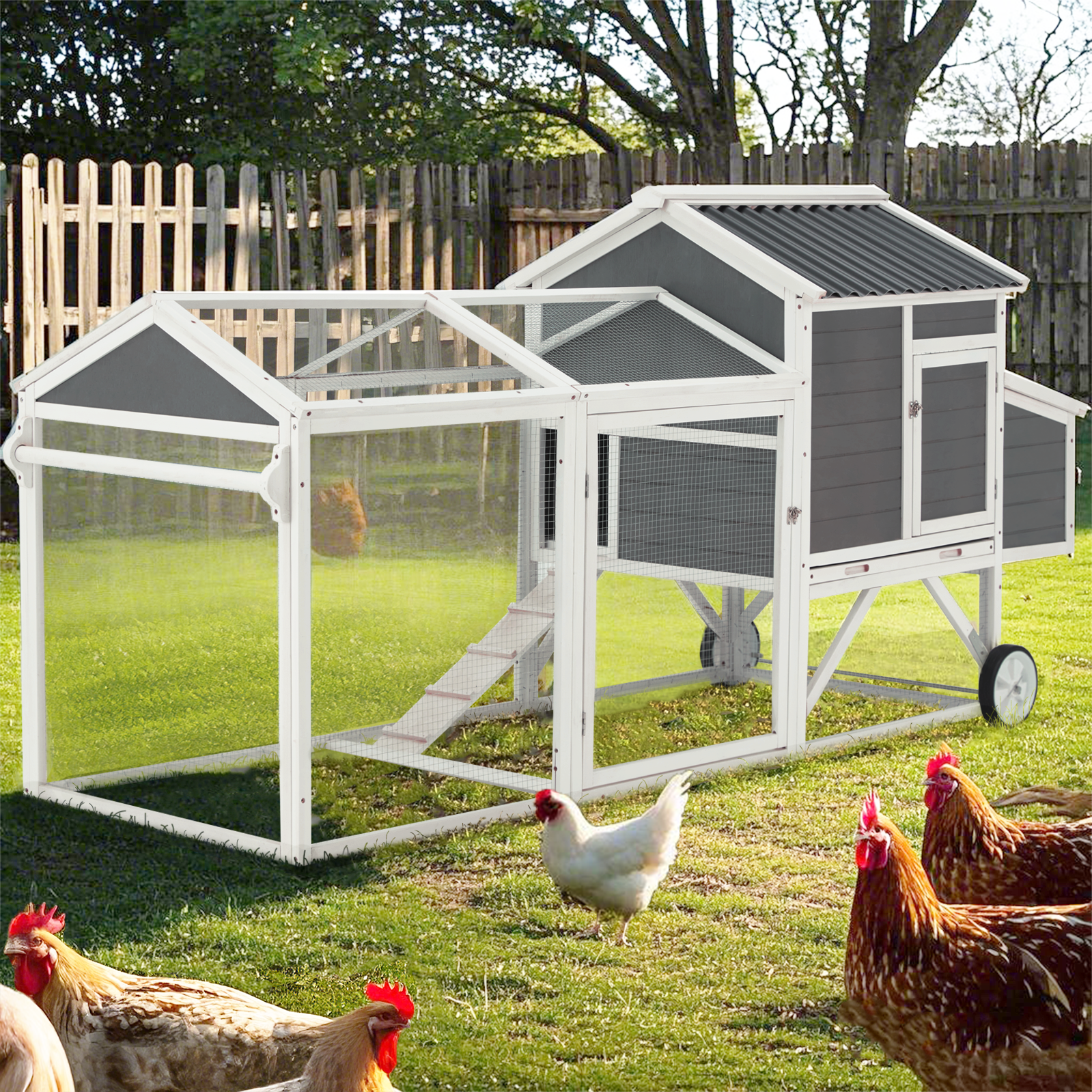 YODOLLA  95" Chicken Coop with Wheels, Hen House Wooden Chicken Hutch Poultry Cage w/Run, Nesting Boxes, Ramps, Removable Tray for Barkyard