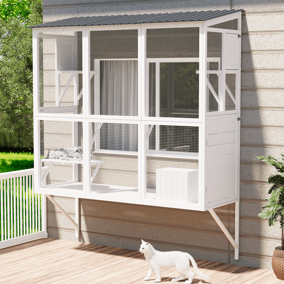 YODOLLA Catio Cat Window Box Cat Enclosure for Multiple Indoor Cats,Outside Wood Cat House, White
