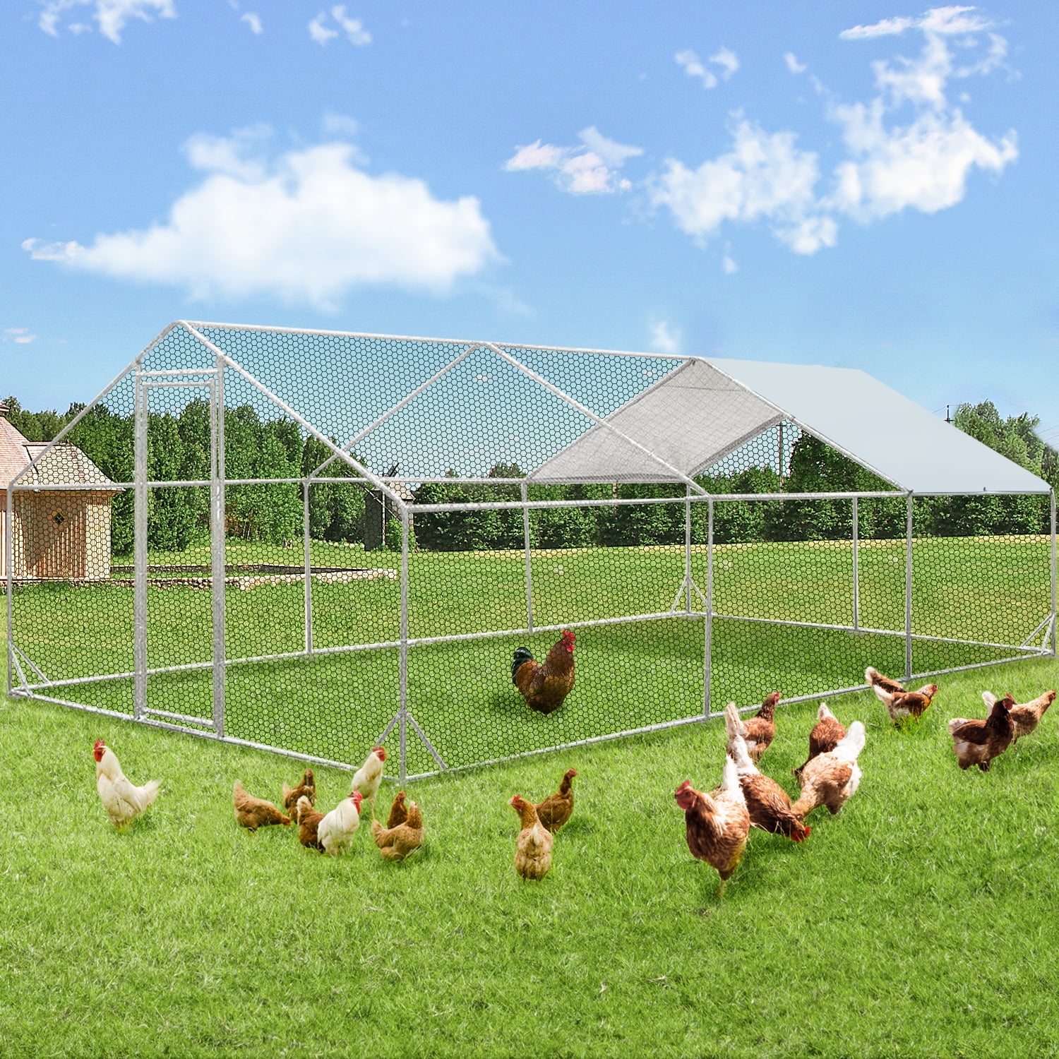 YODOLLA Large Walkin Galvanized Steel Chicken Coop Run, 200 Sq.Ft Outdoor Poultry Enclosure