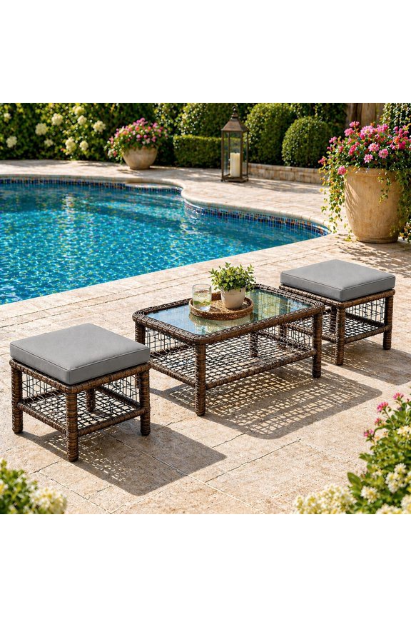 Dark Grey Wicker Outdoor Conversation Set, 3 Pieces with 2 Ottomans & Central Table