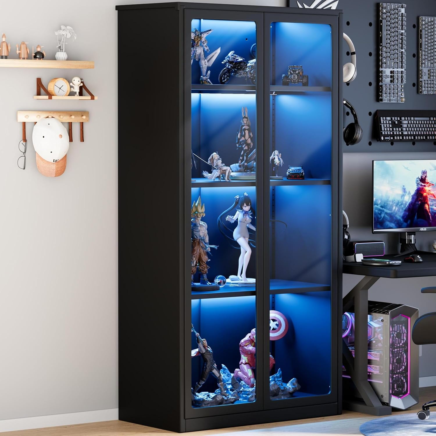 YODOLLA Display Cabinet with Acrylic Glass Doors Storage Cabinets with Adjustable Shelves Pantry Storage Cabinet  Metal Curio Cabinet for Living Room Office and Kitchen, Black